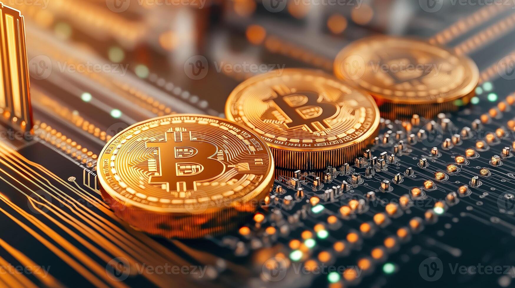 Three golden bitcoin coins on computer motherboard photo