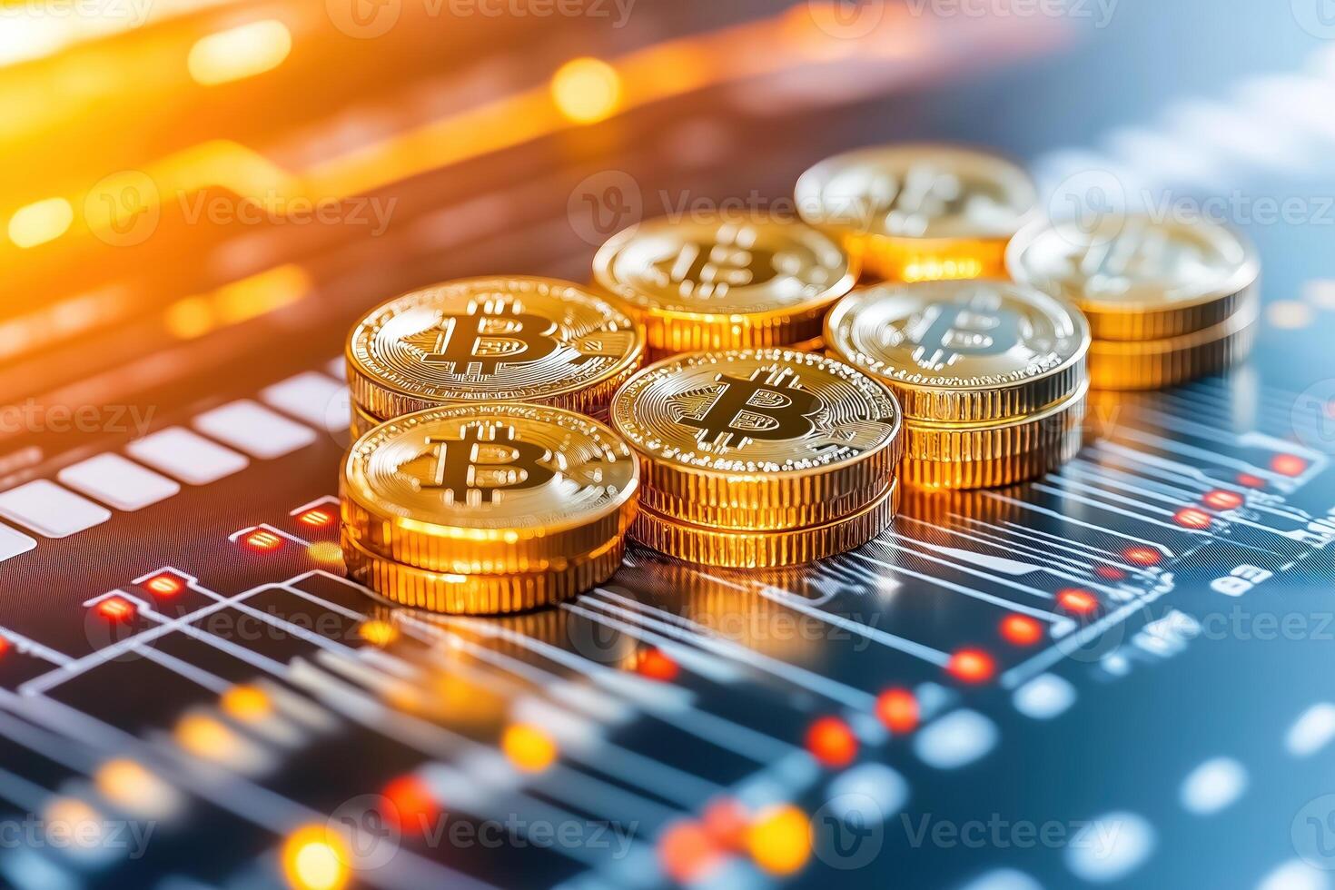 Golden bitcoin cryptocurrency coins on computer motherboard photo