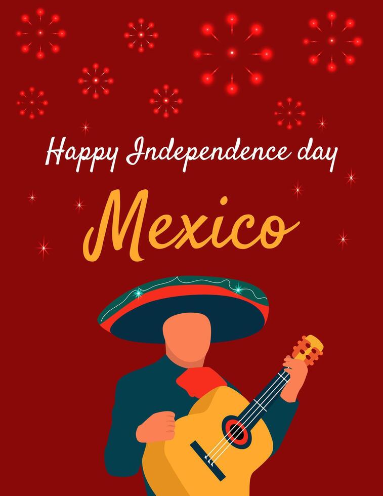 Independence Day of Mexico.A musician with a guitar against a background of fireworks on a light background vector