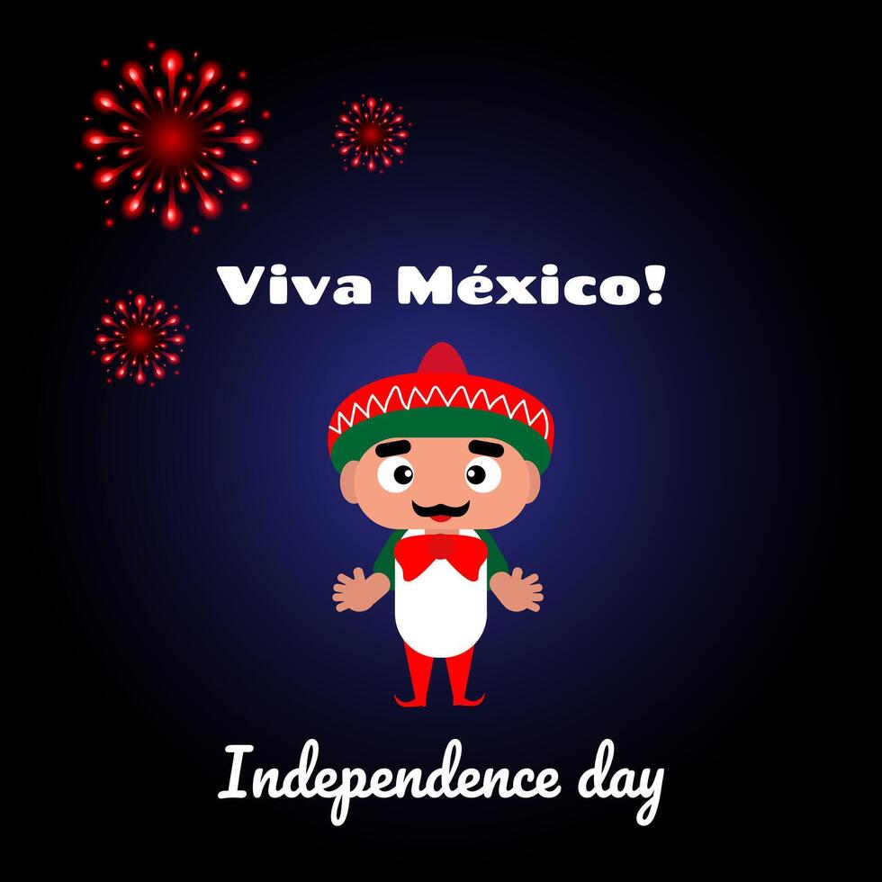 Independence Day of Mexico.A banner depicting a cheerful man in a Mexican sombrero against a background of fireworks vector