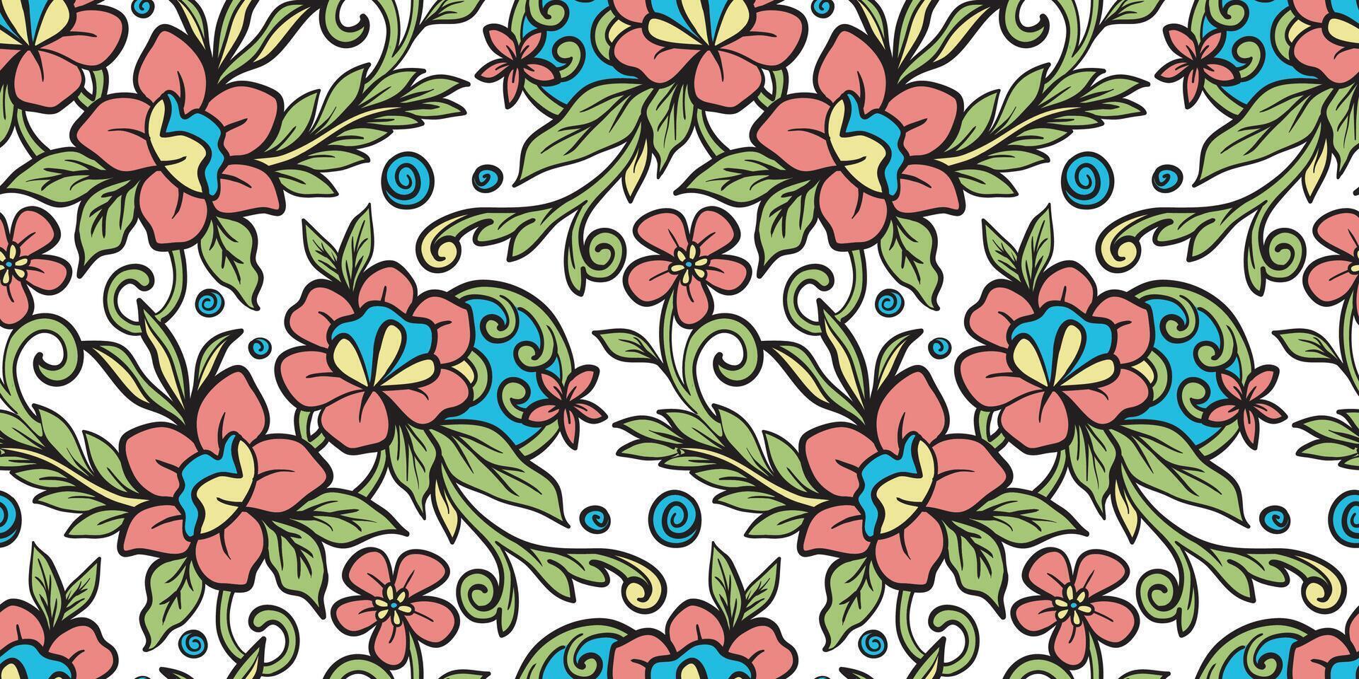 Seamless floral hand drawn detailed pattern, flower bouquet, black outline and white background vector