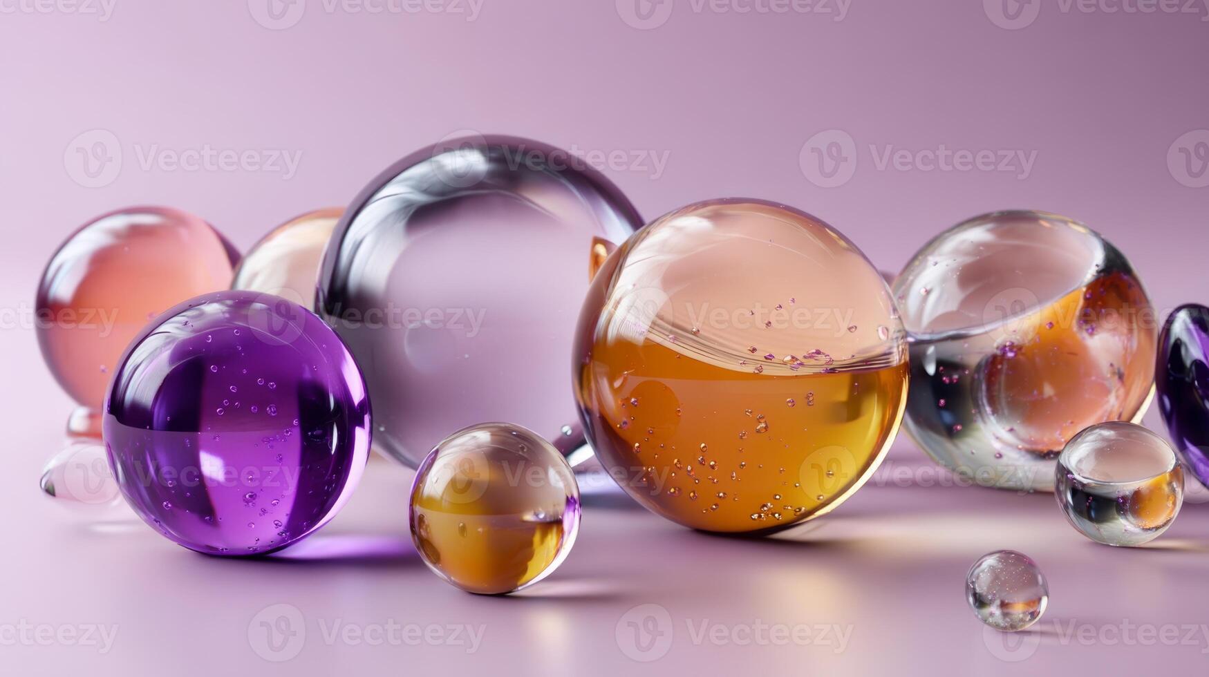 Multiple colorful transparent spheres of varying sizes are creating an abstract composition on a purple background, with some spheres containing liquid and small bubbles photo