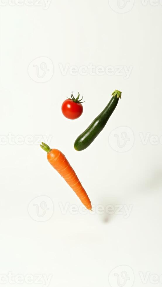 Vibrant multicolored vegetables suspended above clean white surface, highlighting fresh organic produce with minimalist culinary styling photo