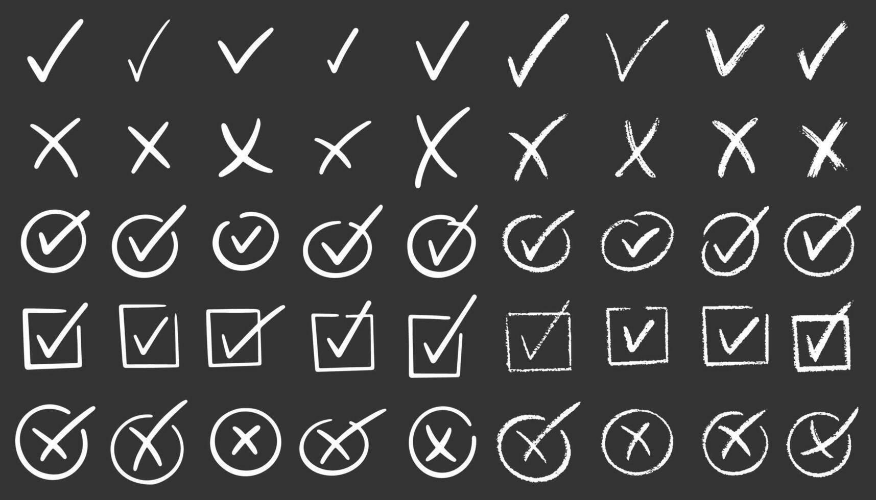 Check marks doodle set. Vote, yes, no, checkbox, checklist, tick and cross signs, v and x drawn concept. Hand drawn chalkboard doodle sketch style illustration vector
