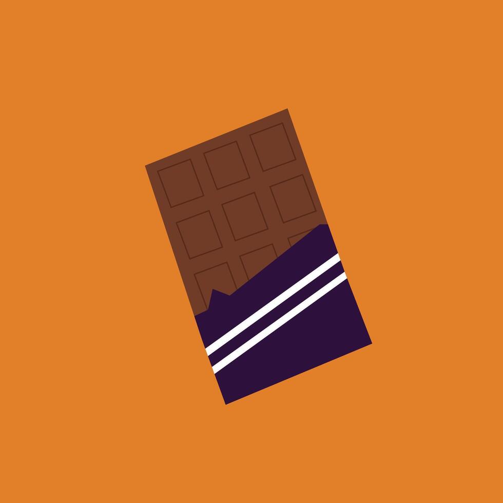 Simple flat illustration of a chocolate bar with purple and white wrapper on an orange background. vector