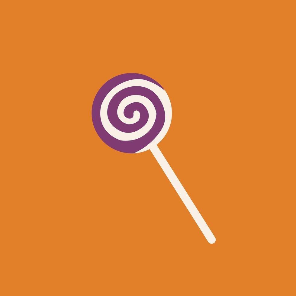 illustration of a purple swirl lollipop on a stick with an orange background. Perfect for candy, Halloween, or children's themes. vector