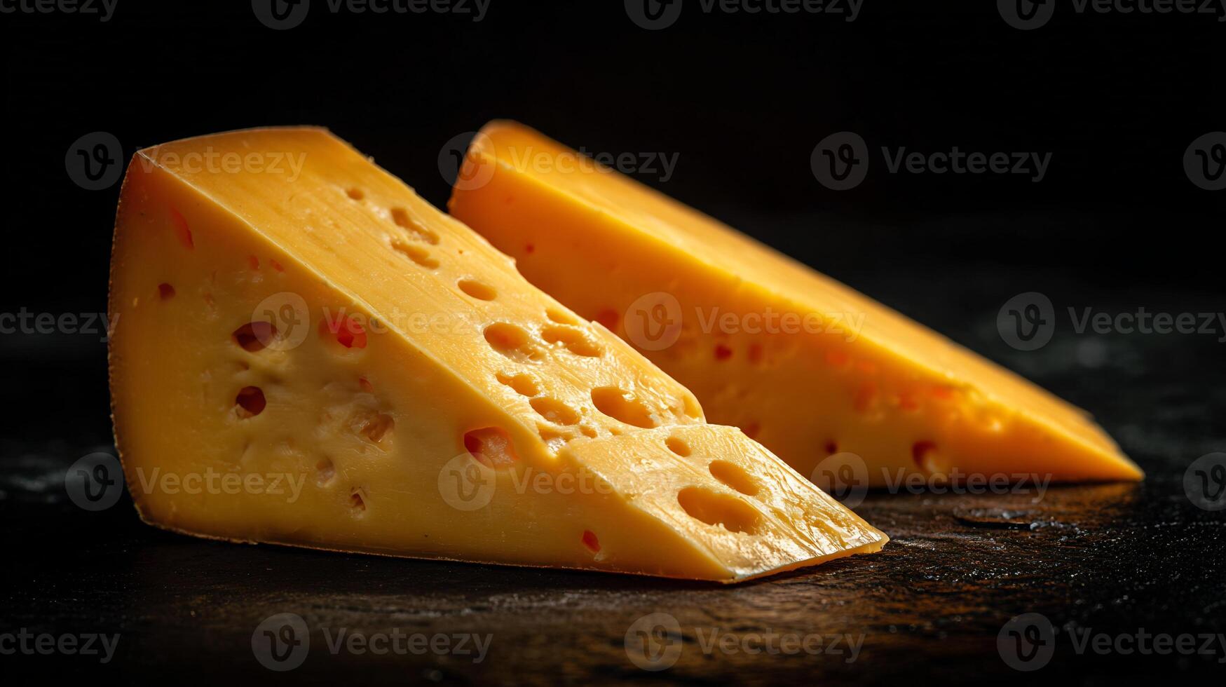 Two appetizing wedges of cheese with holes, isolated on a dark background. Delicious snack. photo