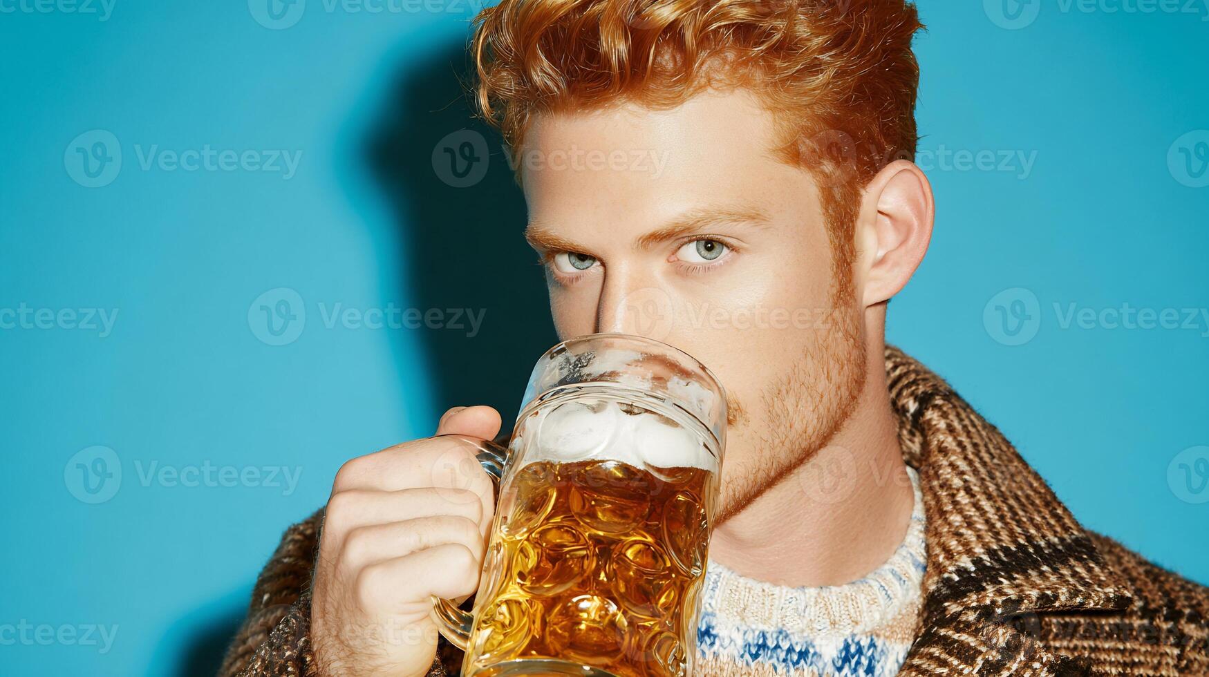 Close-up of a handsome young redhead man drinking a foamy beer. photo