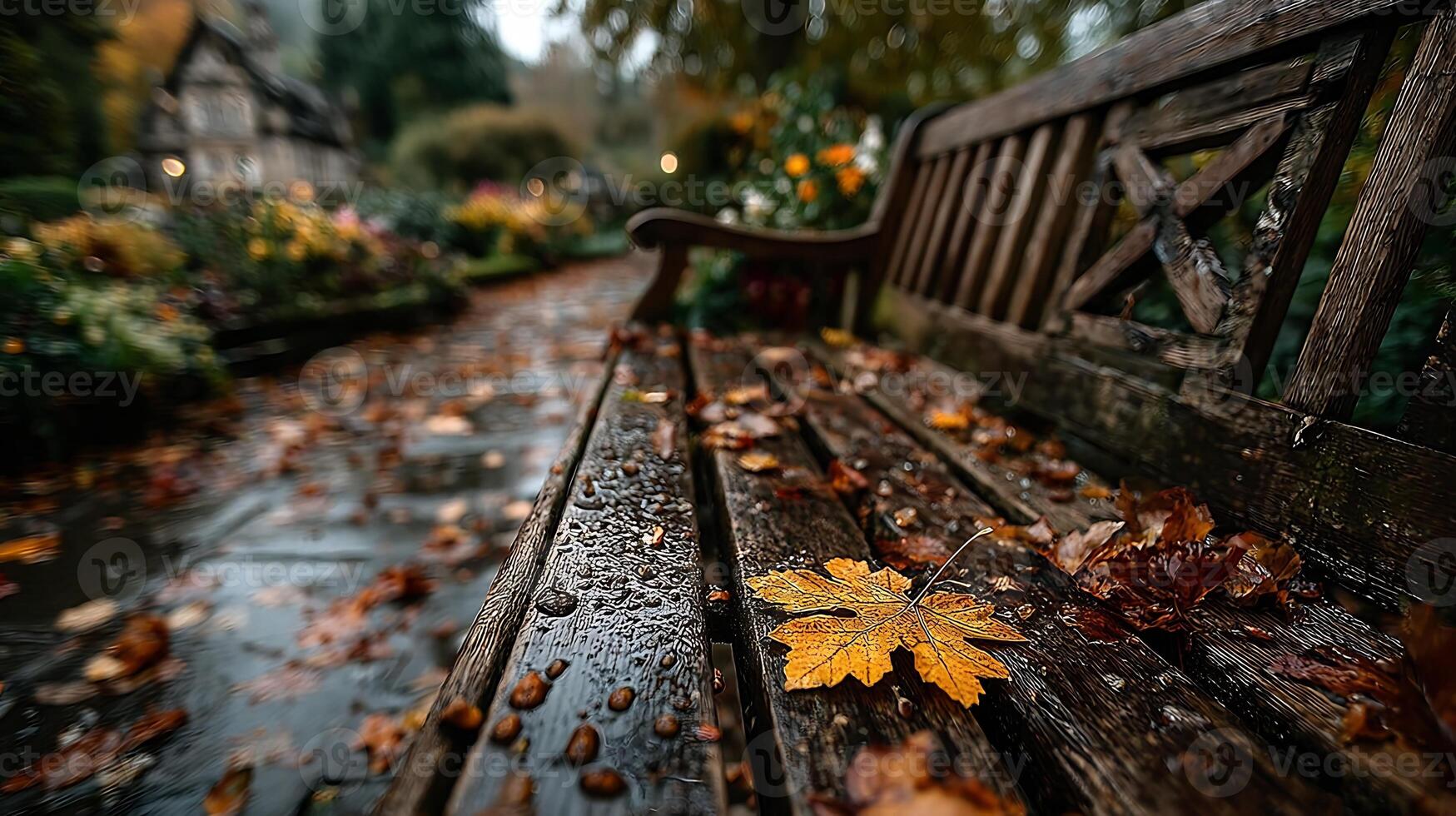 A wooden park bench covered in wet autumn leaves and water droplets. Peaceful fall scene. photo