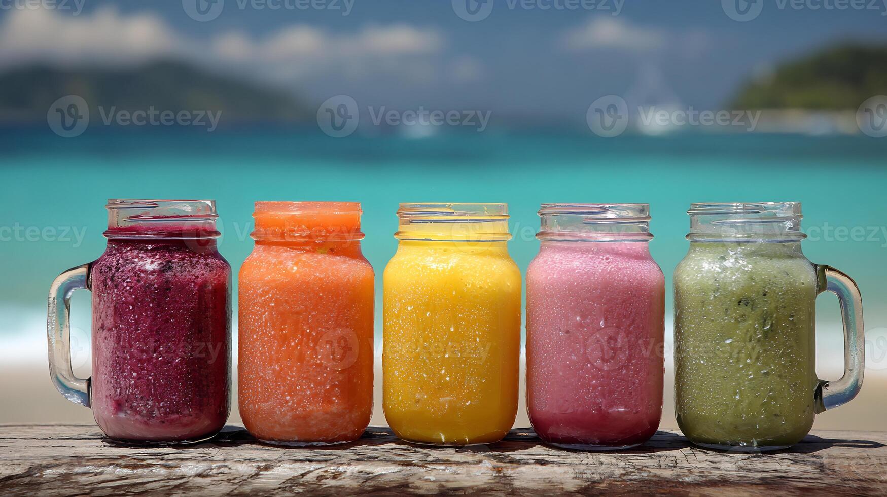 Five vibrant, healthy smoothies in mason jars on a rustic table with a tropical beach background. photo