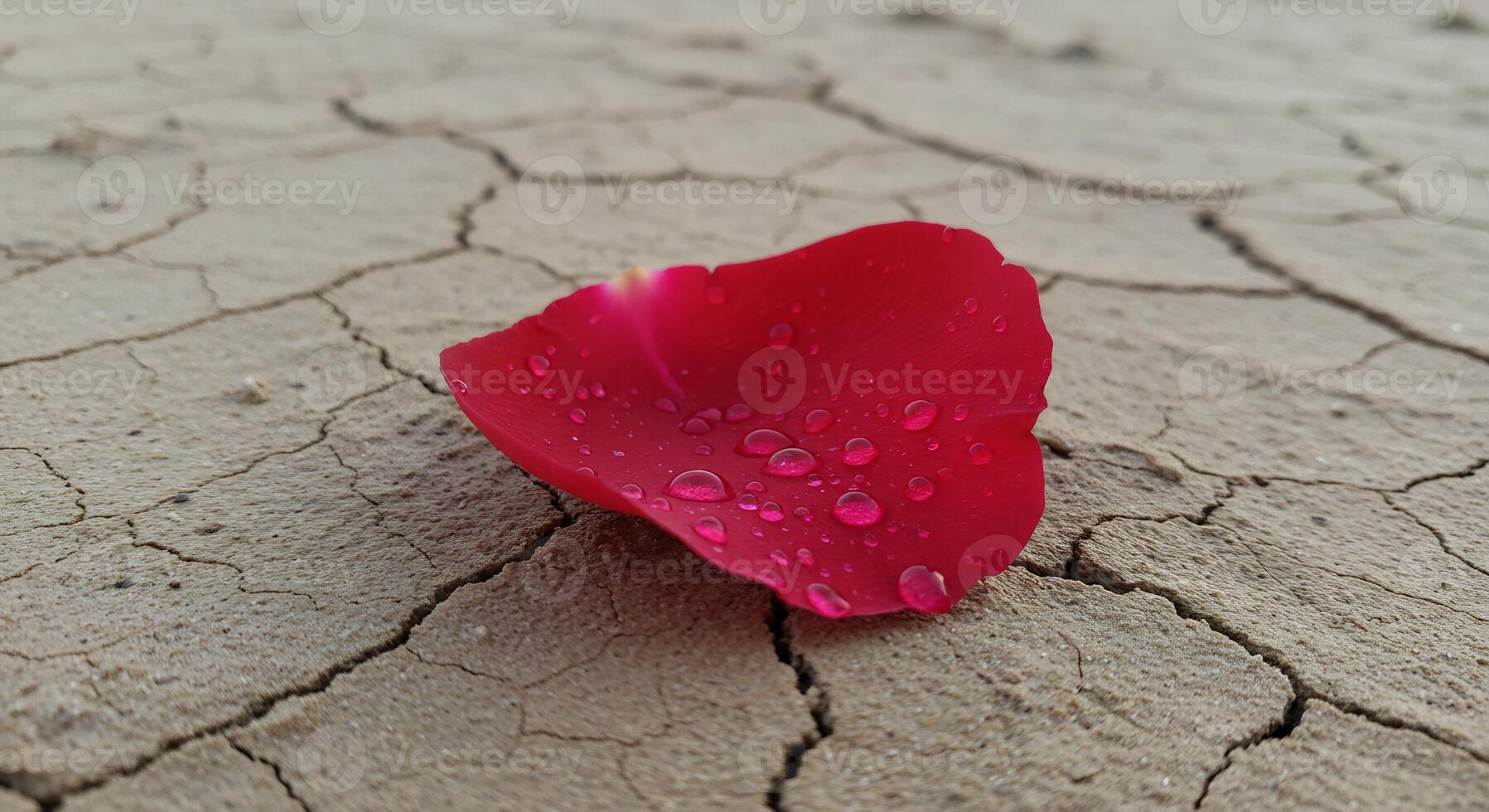 A vibrant red rose petal with glistening water droplets lies on dry, cracked earth. photo