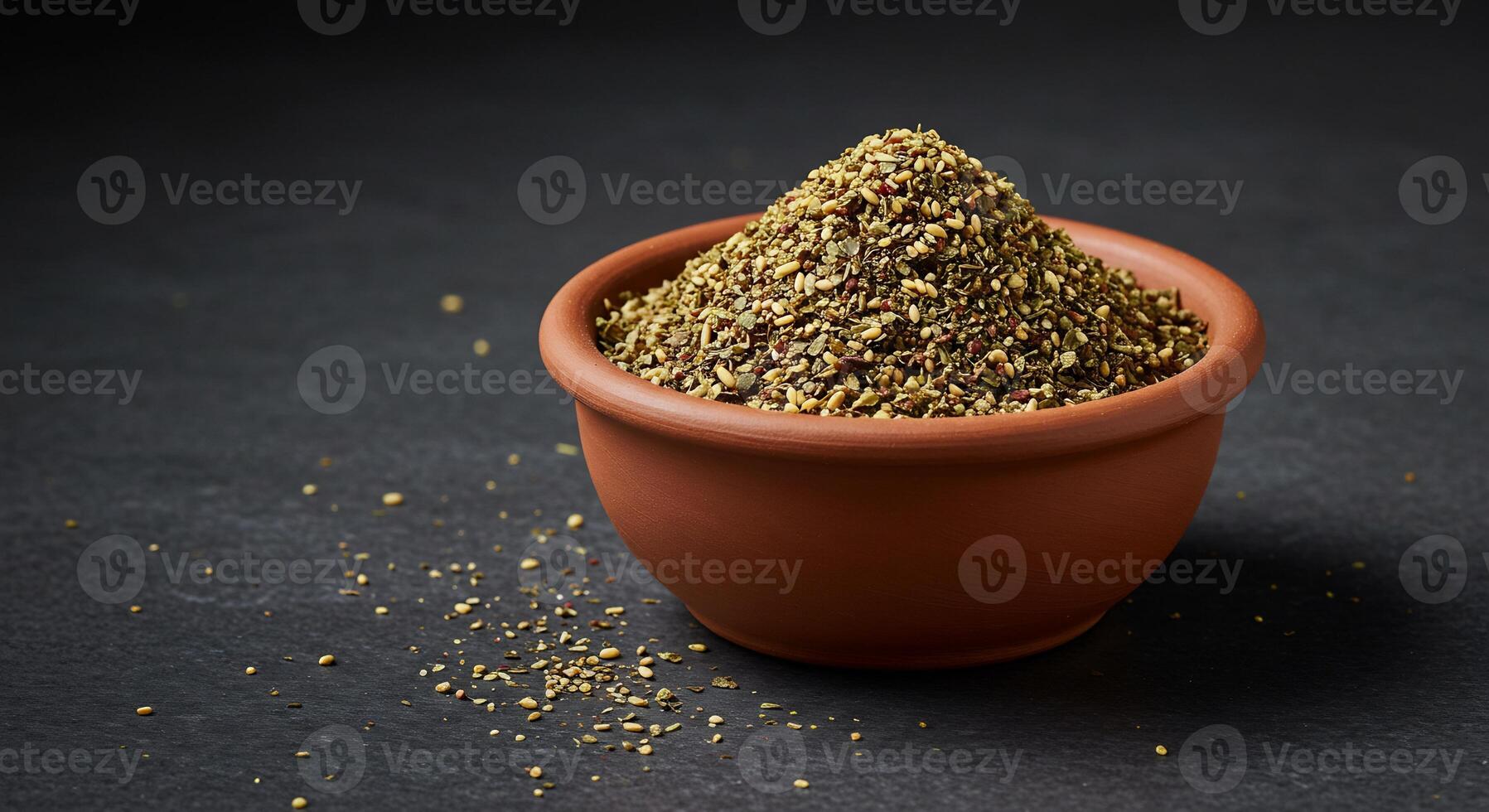 Aromatic dry herb and seed blend in a rustic bowl, delicious for seasoning dishes. photo