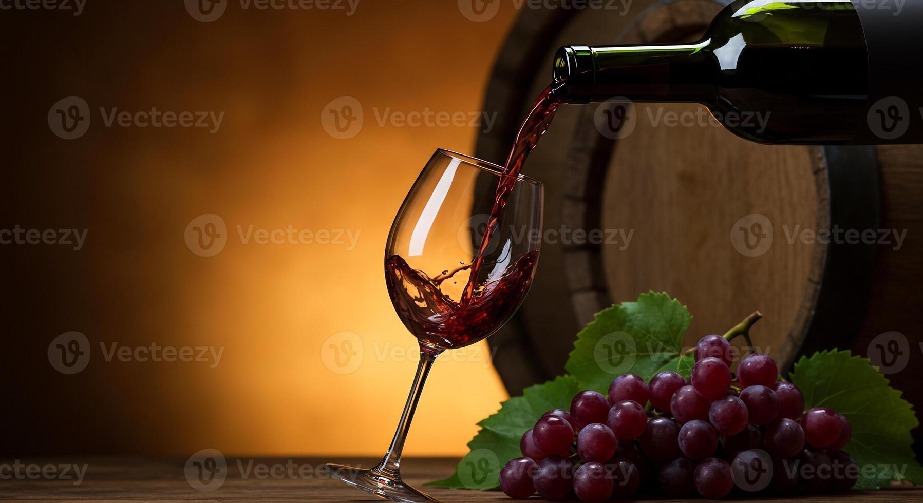 Red wine pours from bottle into glass, with grapes and barrel. photo