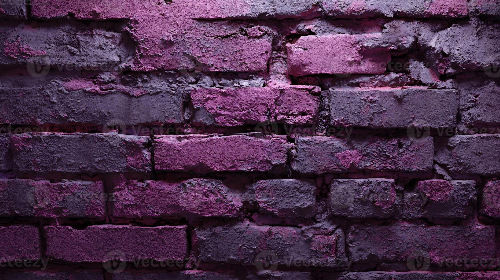 Close-up of an old, rough brick wall with peeling purple paint, textured surface. photo