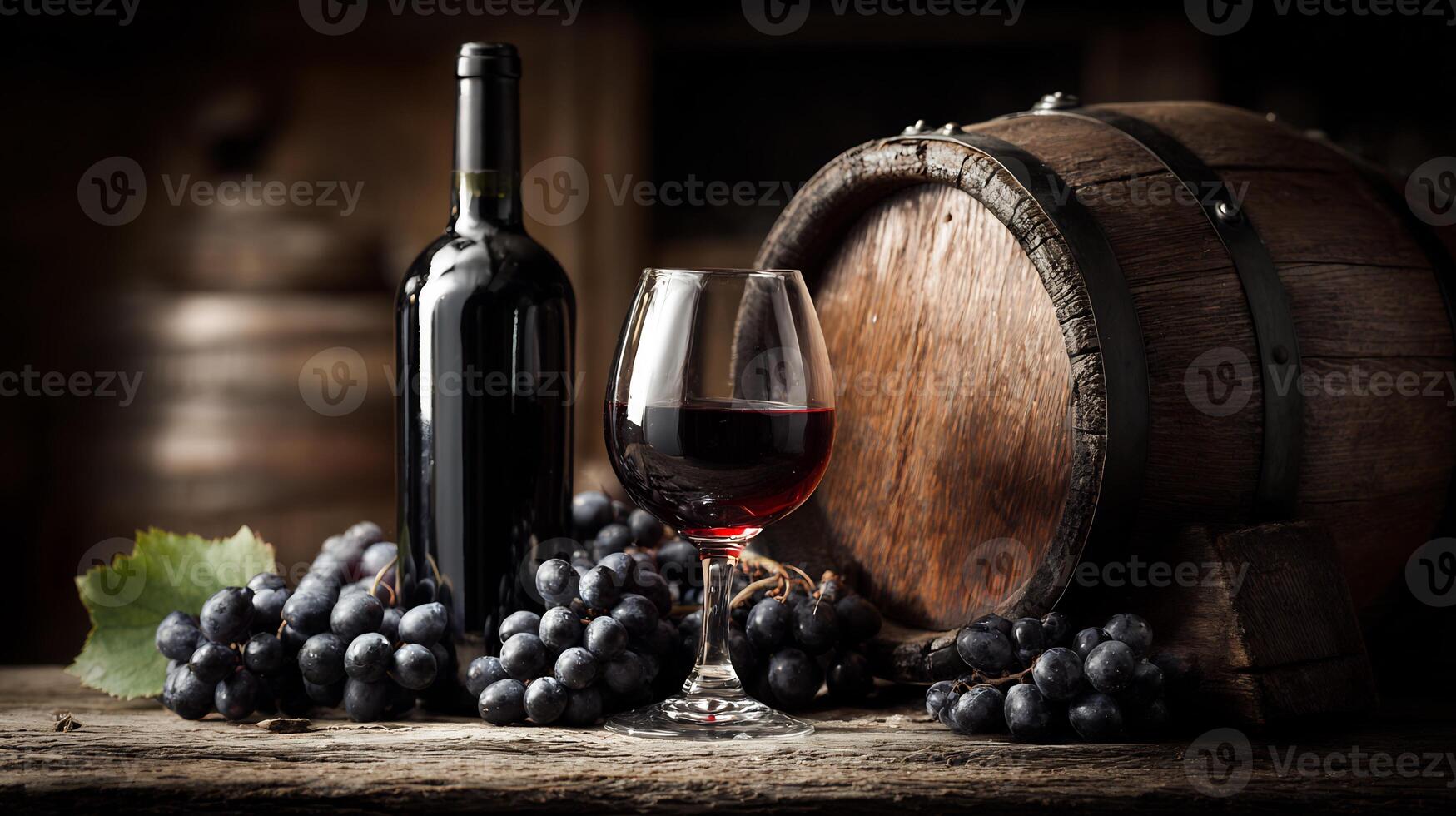 Red wine bottle and grapes on wooden table photo