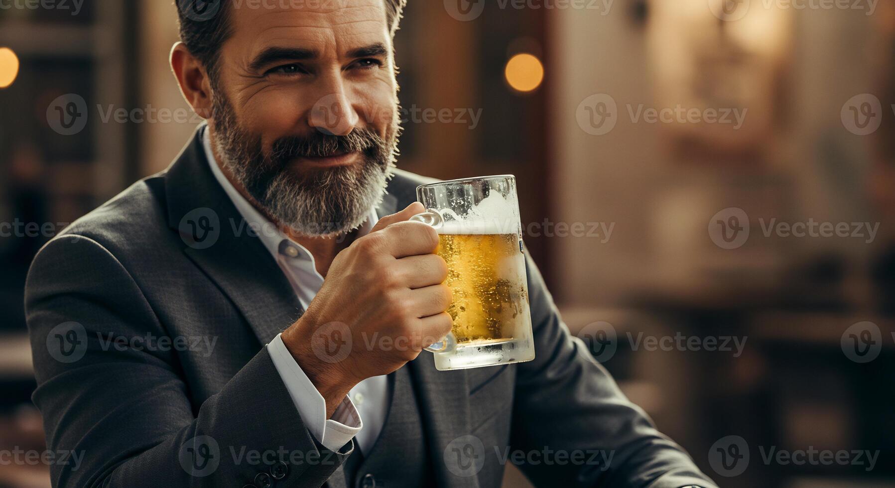 Cheerful bearded man in a suit, enjoying a refreshing beer. photo