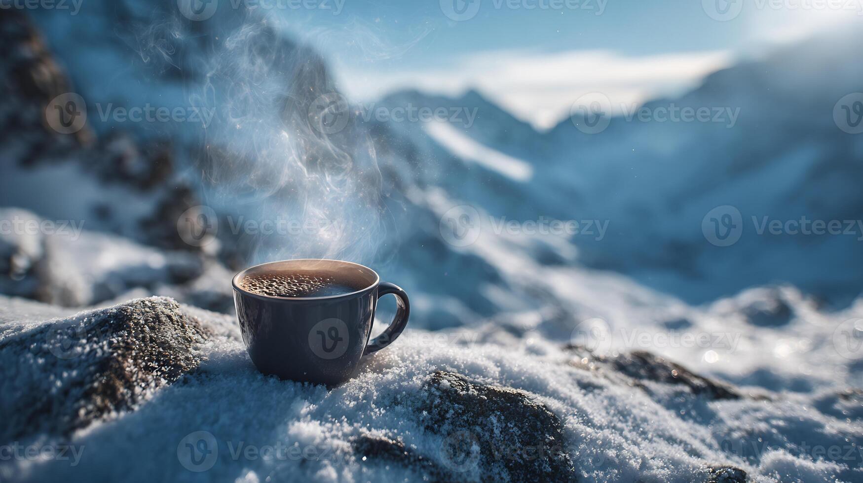 Steaming mug of coffee rests on snow-covered rocks, clear mountain backdrop. photo