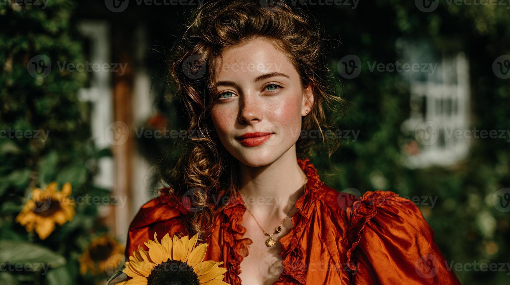 A beautiful young woman with curly hair and freckles holds a bright sunflower. photo