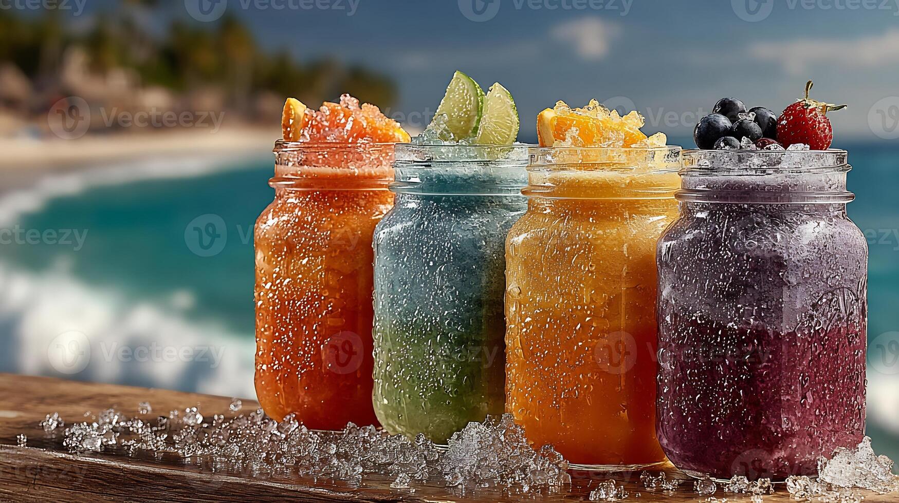 Vibrant, ice-cold fruit drinks in mason jars, perfect for a sunny beach day. photo
