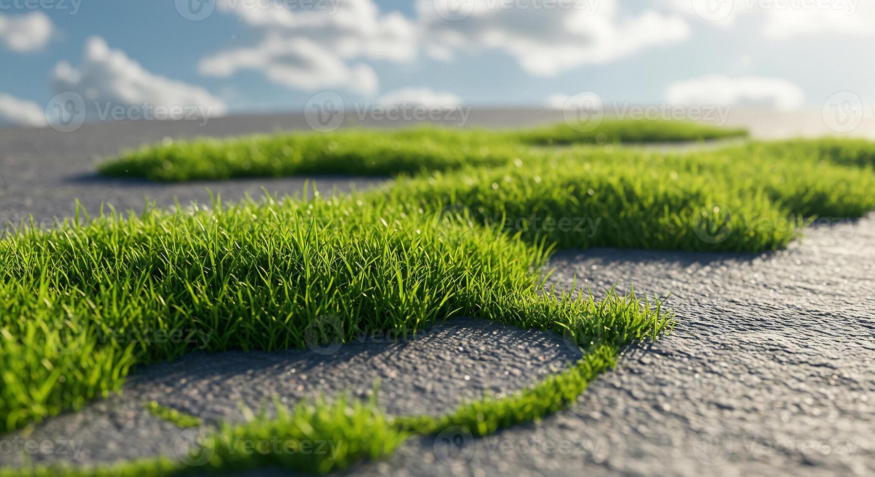 Lush green grass growing through cracks in a grey concrete path under a clear sky. photo