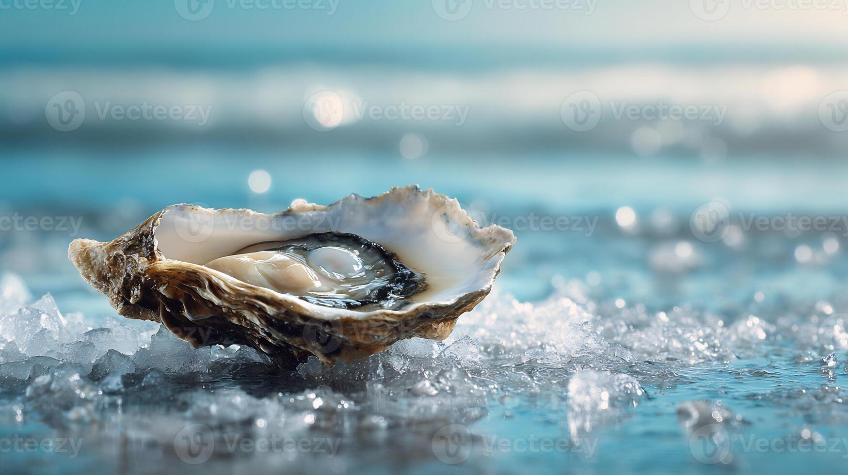 A fresh oyster with a shimmering pearl, served on ice, against a serene ocean backdrop. photo