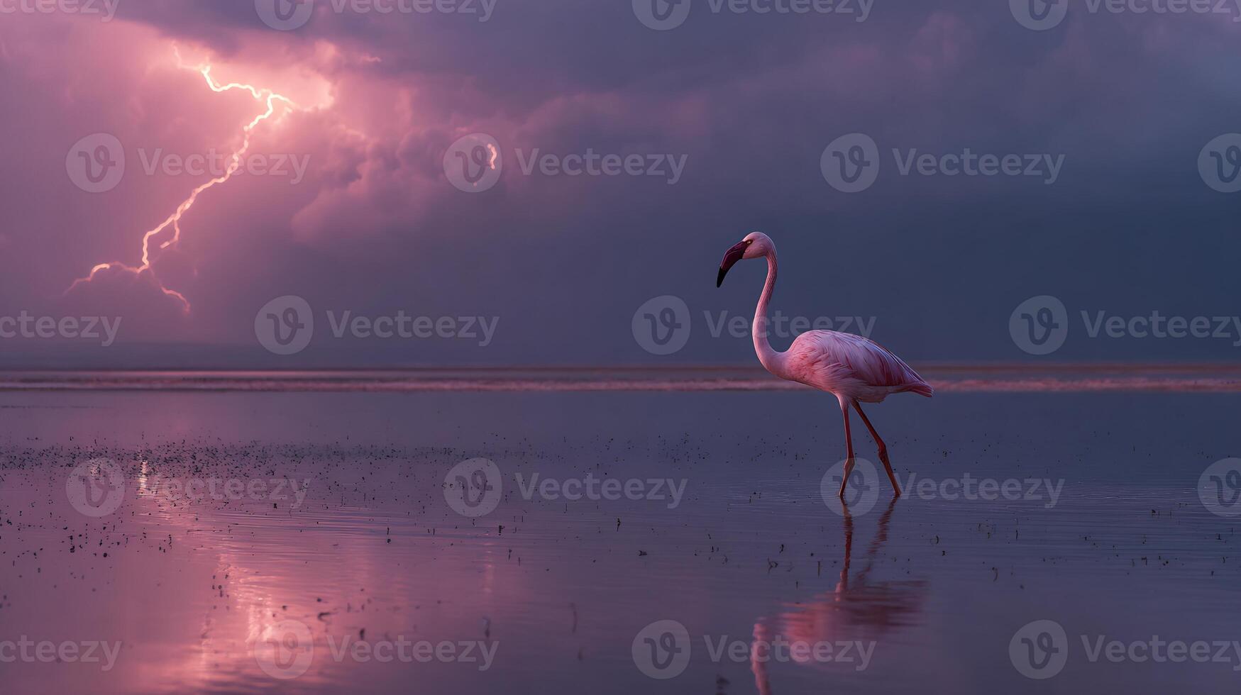 Flamingo walking in twilight with lightning photo