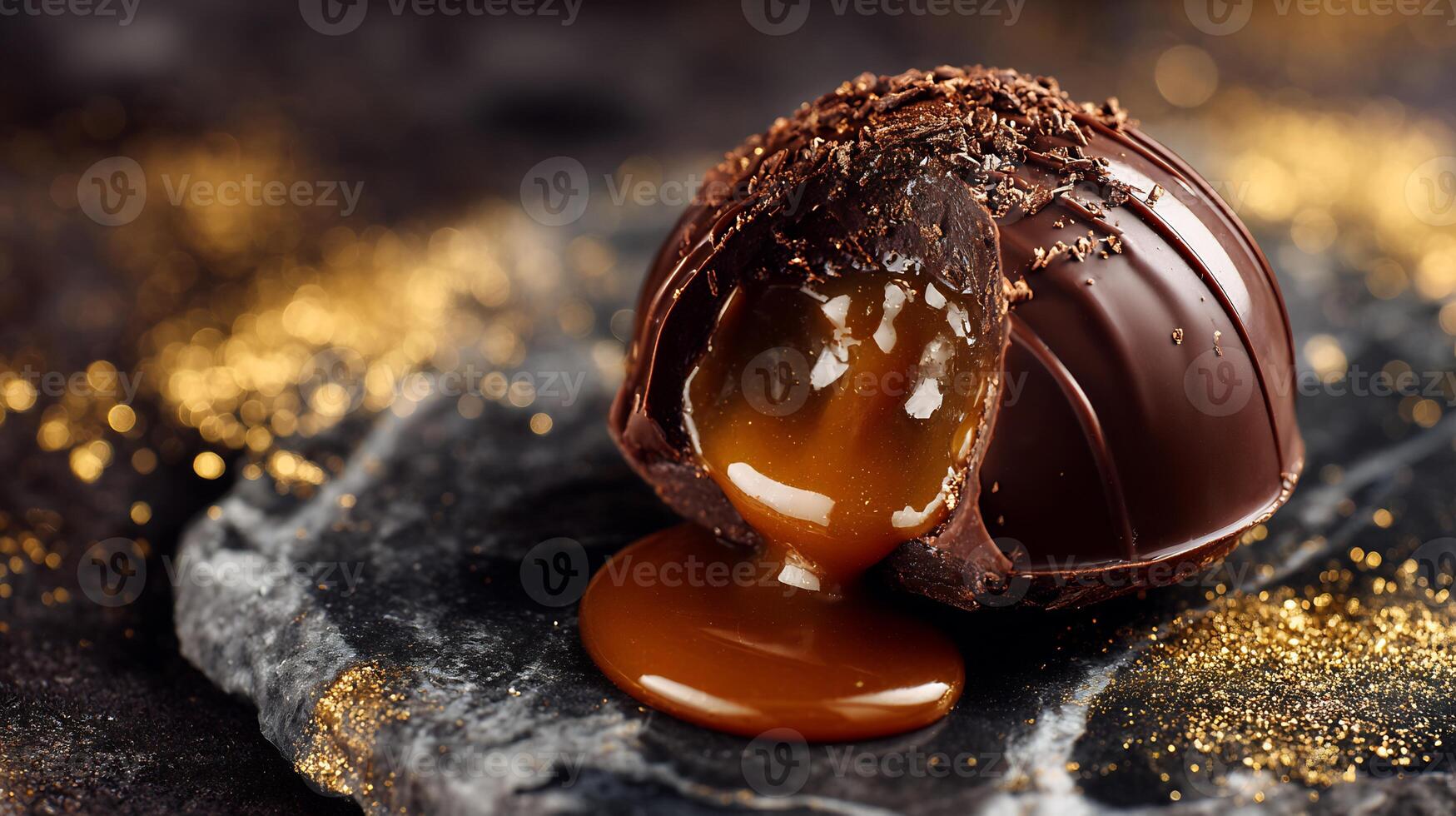 A close-up of a gourmet chocolate truffle with rich, flowing caramel filling. photo