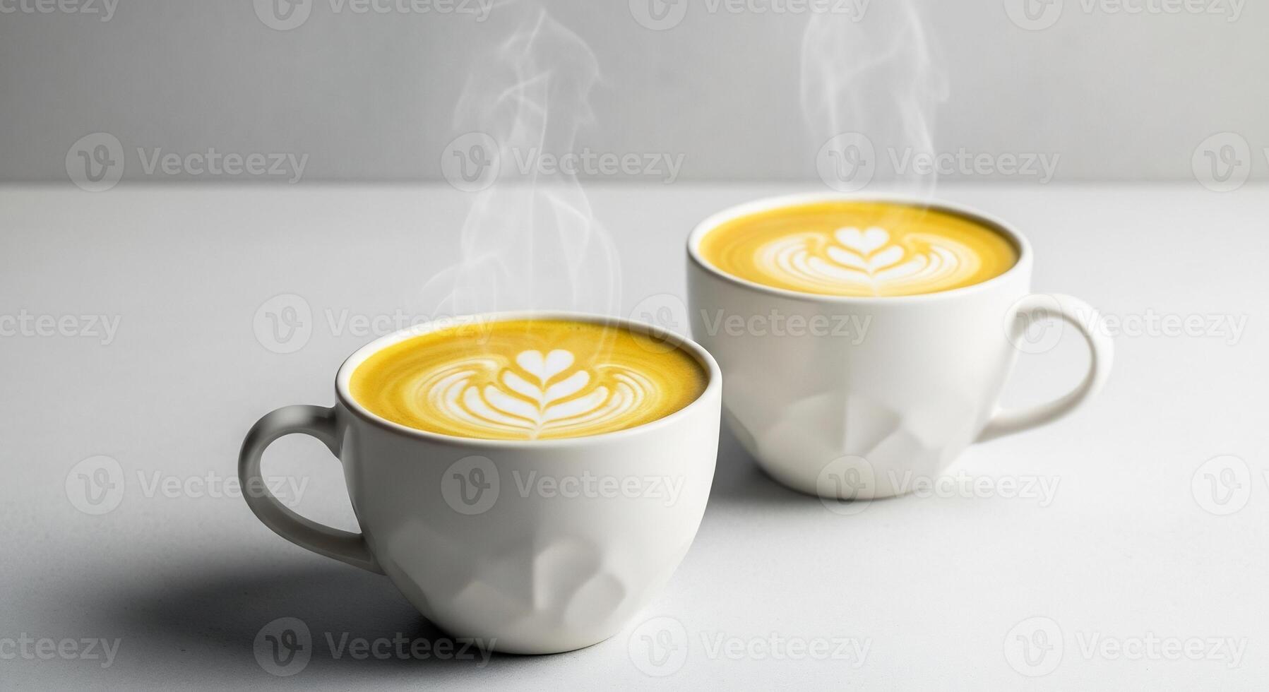 Steaming coffee cups with latte art photo