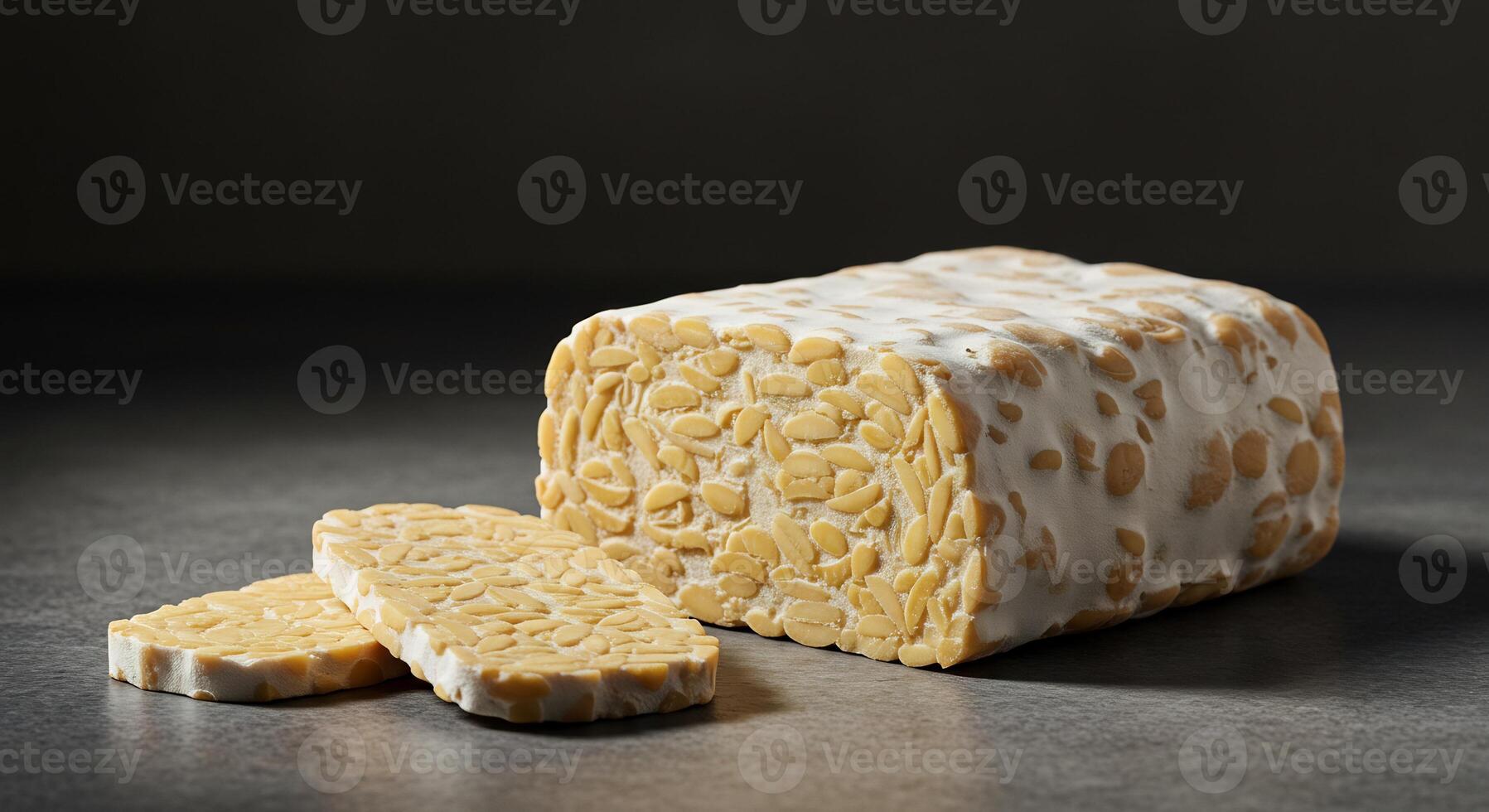 A close-up shot of a nutritious block of tempeh, with two slices cut, ready to cook. photo