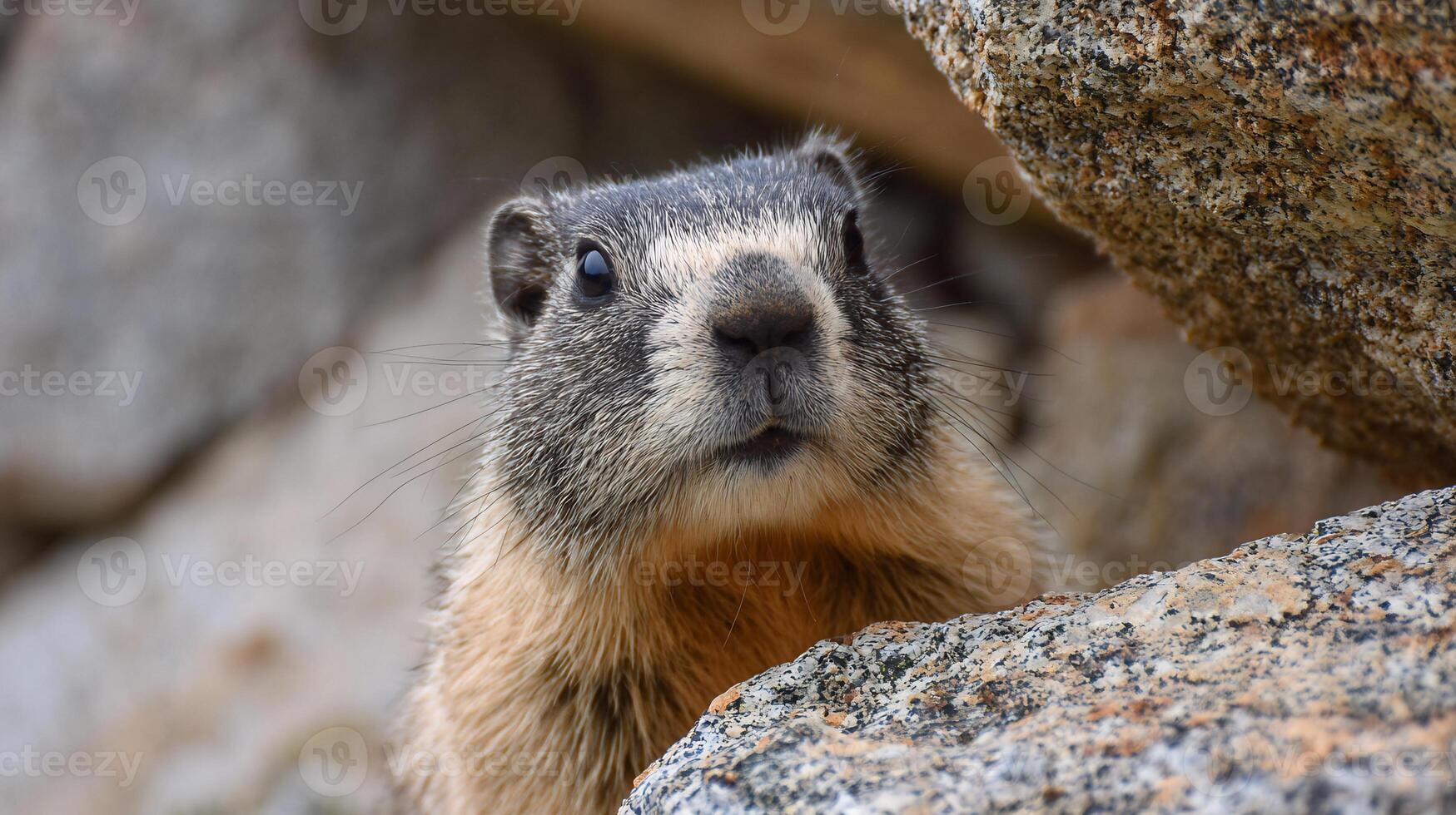 A close-up view of a wild marmot emerging from its rocky habitat, looking curiously at the viewer. photo