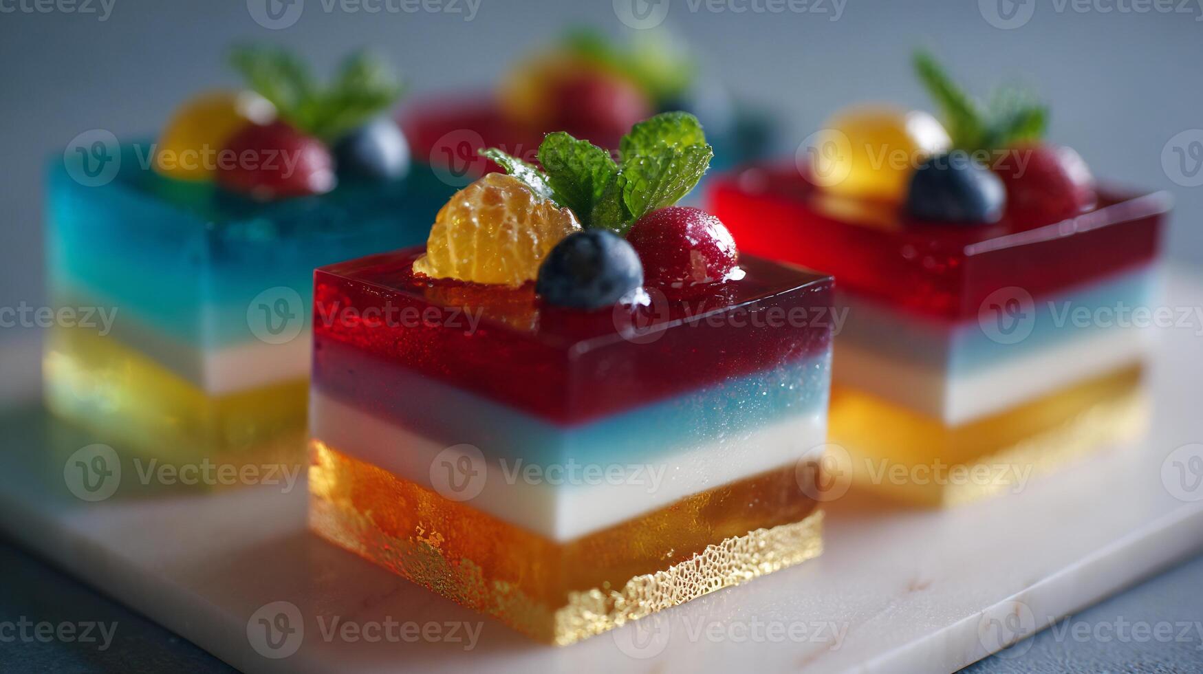 Close-up of vibrant layered jelly desserts topped with fresh fruits and mint. photo