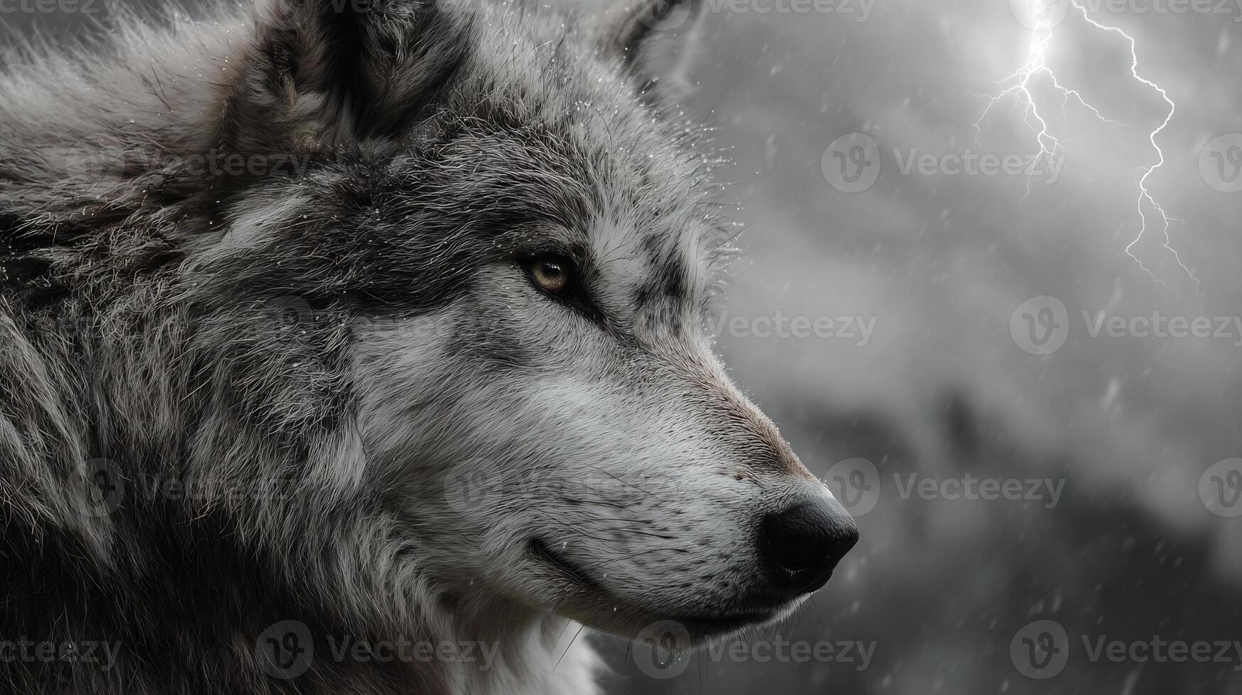 Close-up of a powerful wolf in a snowy storm with a lightning strike. photo