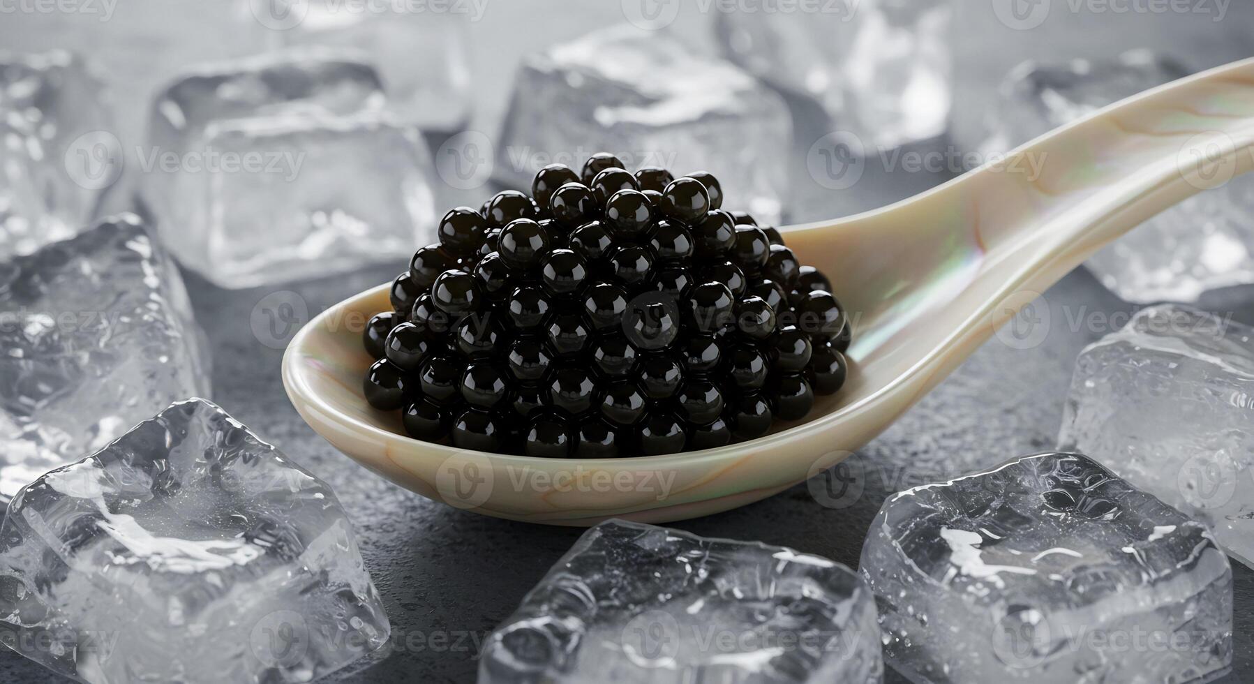 Close-up of fresh black caviar on a spoon, surrounded by ice cubes. photo