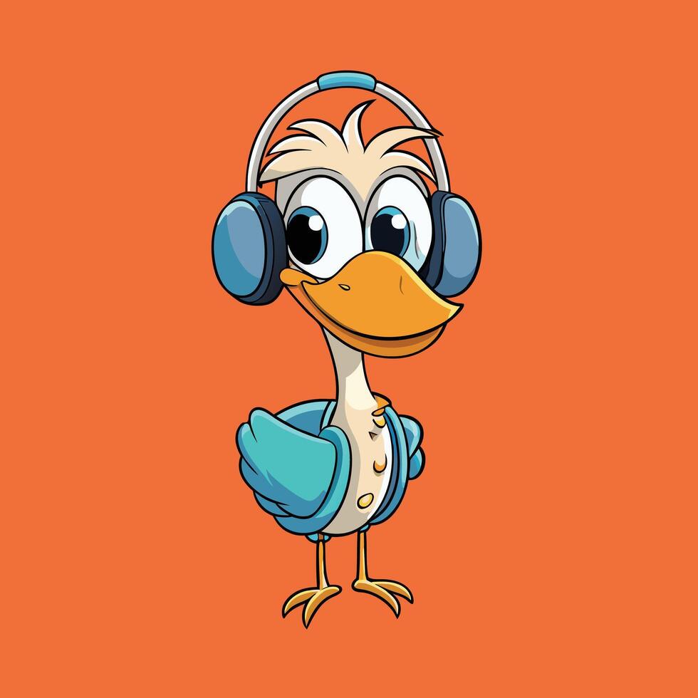 Cute cartoon duck character wearing blue headphones, standing on orange background, perfect for music, mascot, logo, and fun educational designs vector