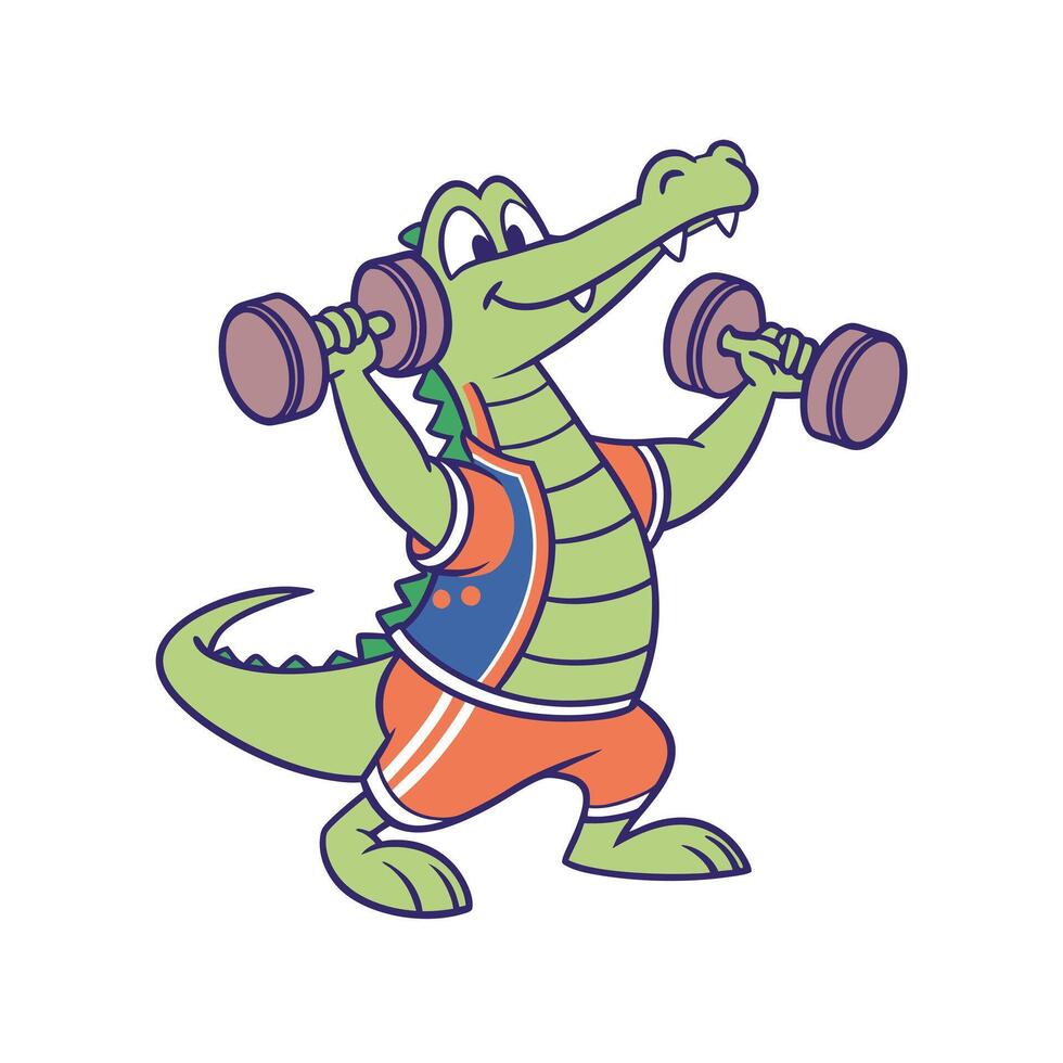 Cartoon Alligator Lifting Dumbbells in Sports Outfit, Fun Fitness Animal Character Illustration for Kids, Gym, Exercise, Mascot, and Healthy Lifestyle Designs vector
