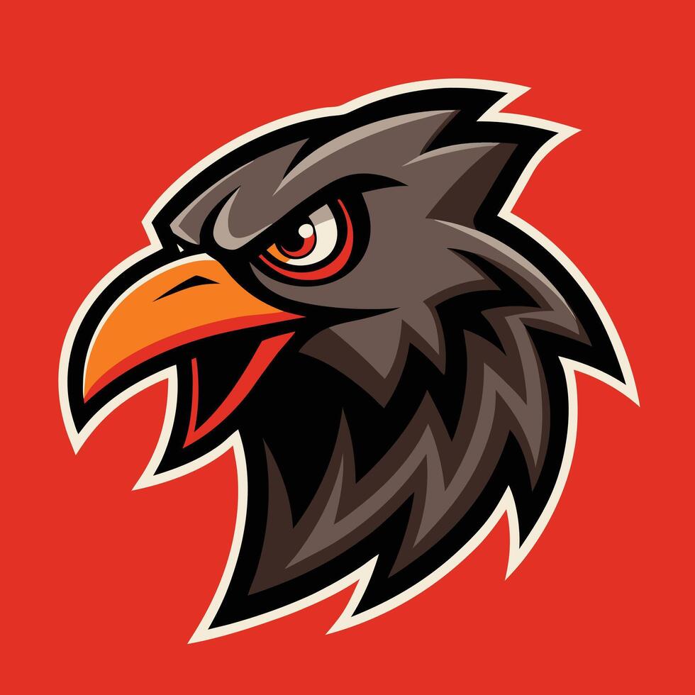Fierce hawk head mascot illustration with sharp orange beak and intense eyes on red background, perfect for sports team logo and branding design. vector