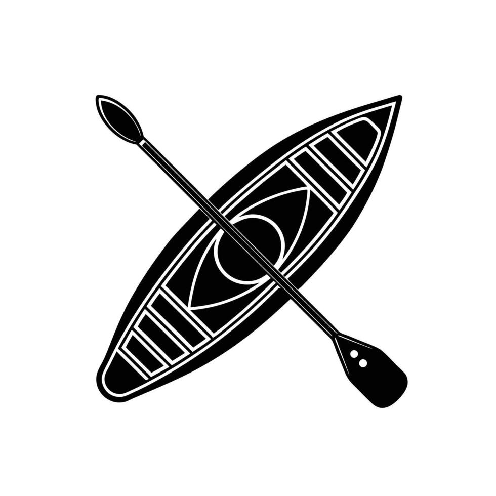 Black and white illustration of kayak with paddle, outdoor adventure sport, watercraft icon, river rafting, canoeing, recreation, travel, and exploration design. vector