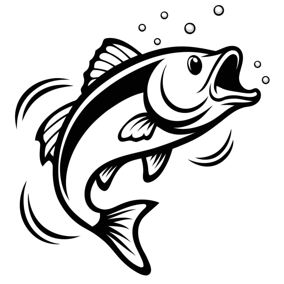 Black and White Jumping Fish Illustration with Open Mouth, Splashing Water, Bubbles, and Fins, Perfect for Fishing Logo, Tattoo vector