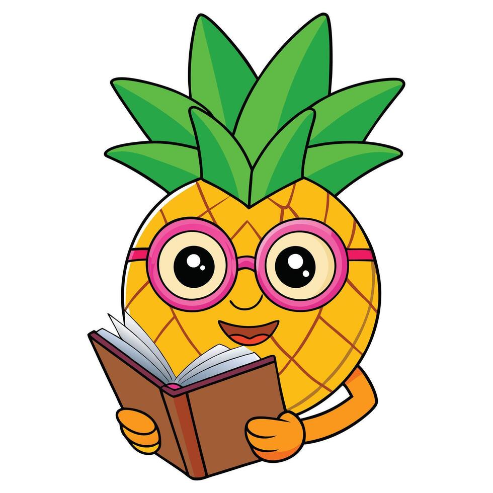 A smart pineapple cartoon character wearing glasses while reading a book. A cute and funny mascot for educational or library themes. vector
