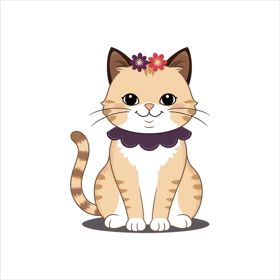 Cute Cartoon Cat with Flower Crown and Collar, Adorable Sitting Kitty, Illustration for Kids, Nursery, Greeting Card, and Design. vector