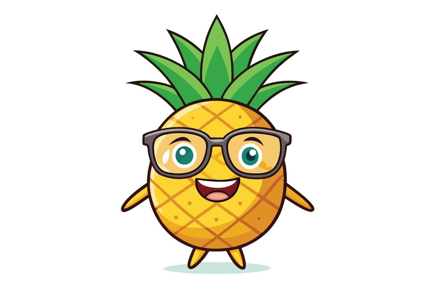 A cute, geeky pineapple cartoon character mascot wearing glasses and smiling. A smart, nerdy tropical fruit for fun, educational, or summer designs. vector