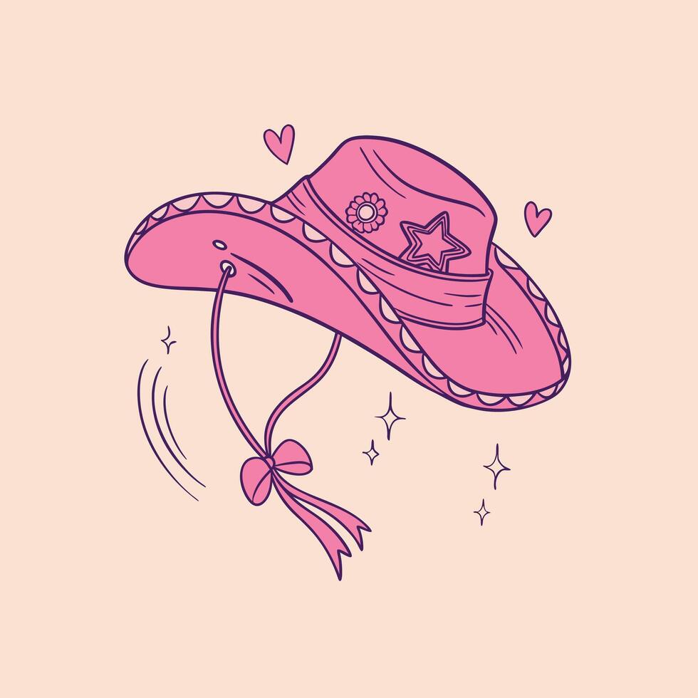 Cute Pink Cowboy Hat with Star and Hearts, Fun Western Style Illustration for Valentines Day, Fashion, Stickers, Greeting Cards, and Country Designs vector