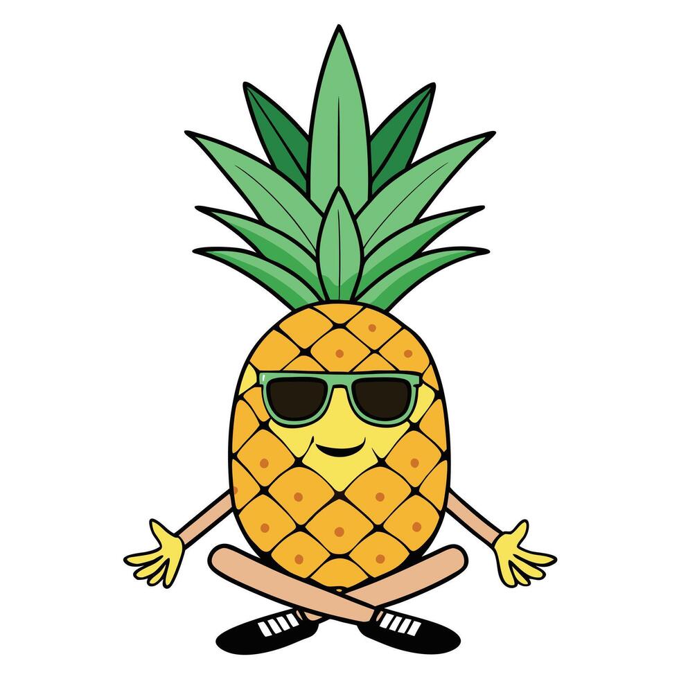 A cool pineapple cartoon character mascot with sunglasses, sitting cross-legged in a relaxing yoga pose. A chill tropical fruit for summer. vector
