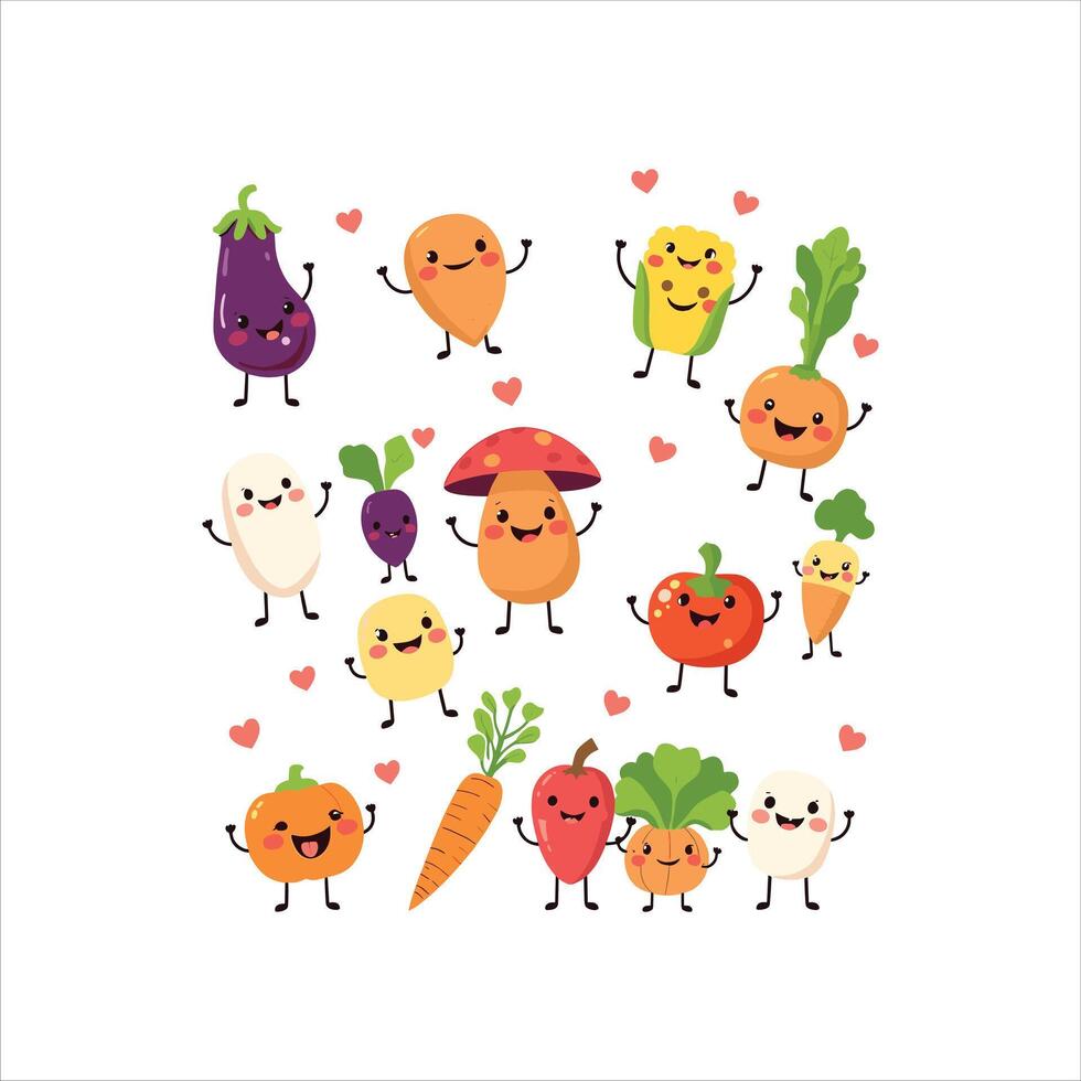Cute Cartoon Vegetables and Fruits with Happy Faces, Colorful Illustration, Healthy Food Characters for Kids, Nursery, Education, Greeting Card, and Design. vector
