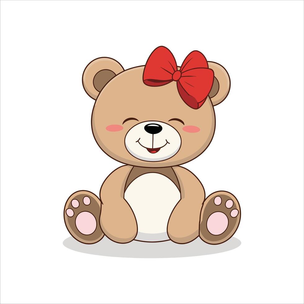 Cute Cartoon Teddy Bear with Red Bow Smiling, Adorable Plush Toy Character, Illustration for Kids, Nursery, Greeting Card and Design vector