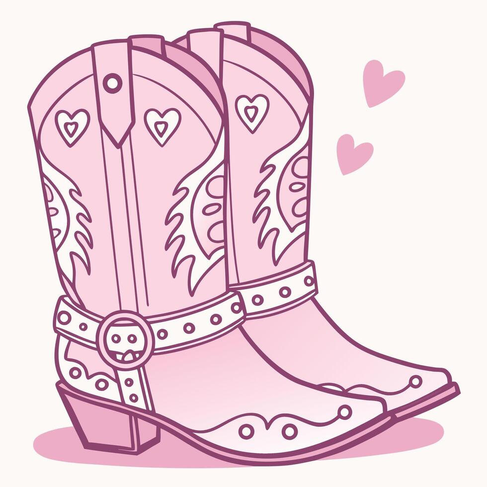 Cute Pink Cowboy Boots with Hearts and Decorative Patterns, Romantic Western Style Illustration for Valentines Day, Country Fashion, Greeting Card, Nursery Art vector