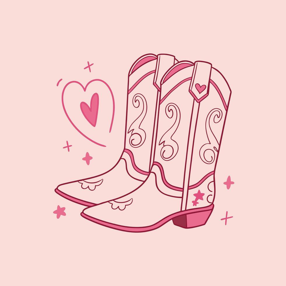 Cute Pink Cowboy Boots with Heart and Sparkles, Western Style Illustration, Perfect for Valentines Day, Fashion, Stickers, Greeting Cards, and Country vector