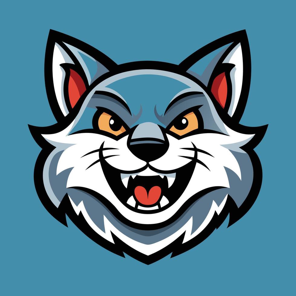 Cartoon Wild Wolf Mascot Head Logo on Blue Background, Fierce Animal Emblem, Sports Team Symbol, Illustration for Branding and Design. vector