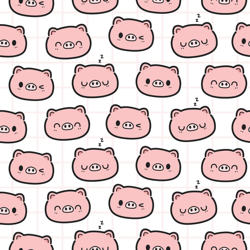 Seamless pattern of Cute pig face cartoon on white background and pink grid, Childish pig pattern baby shower vector