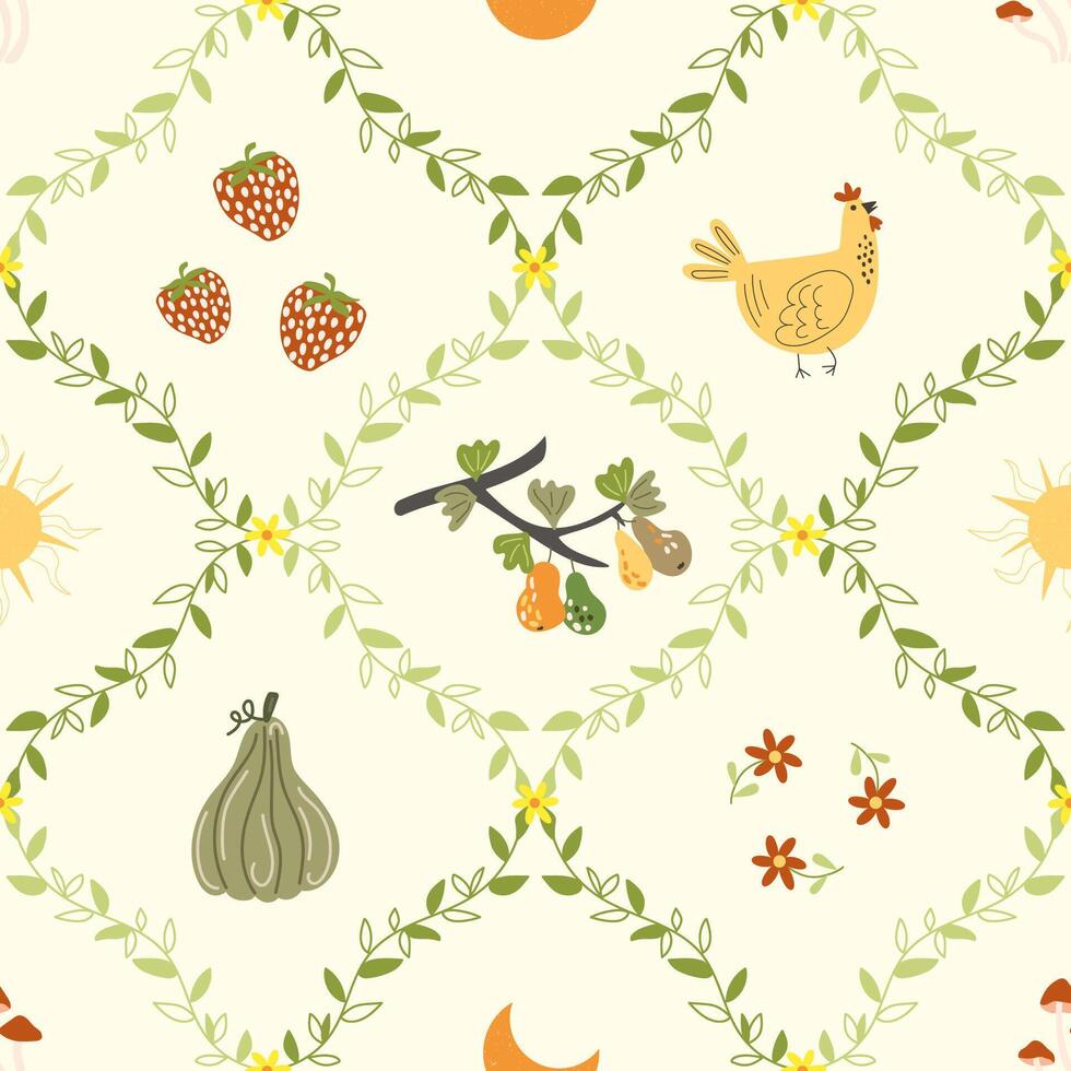 Farmhouse pattern with fruits and flowers vector